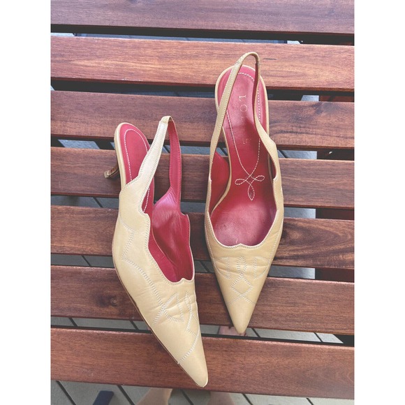 Loewe Shoes - 40 Loewe Women Leather Kitten Heel Slingback Nude Pointed Toe Pump Italy Vintage